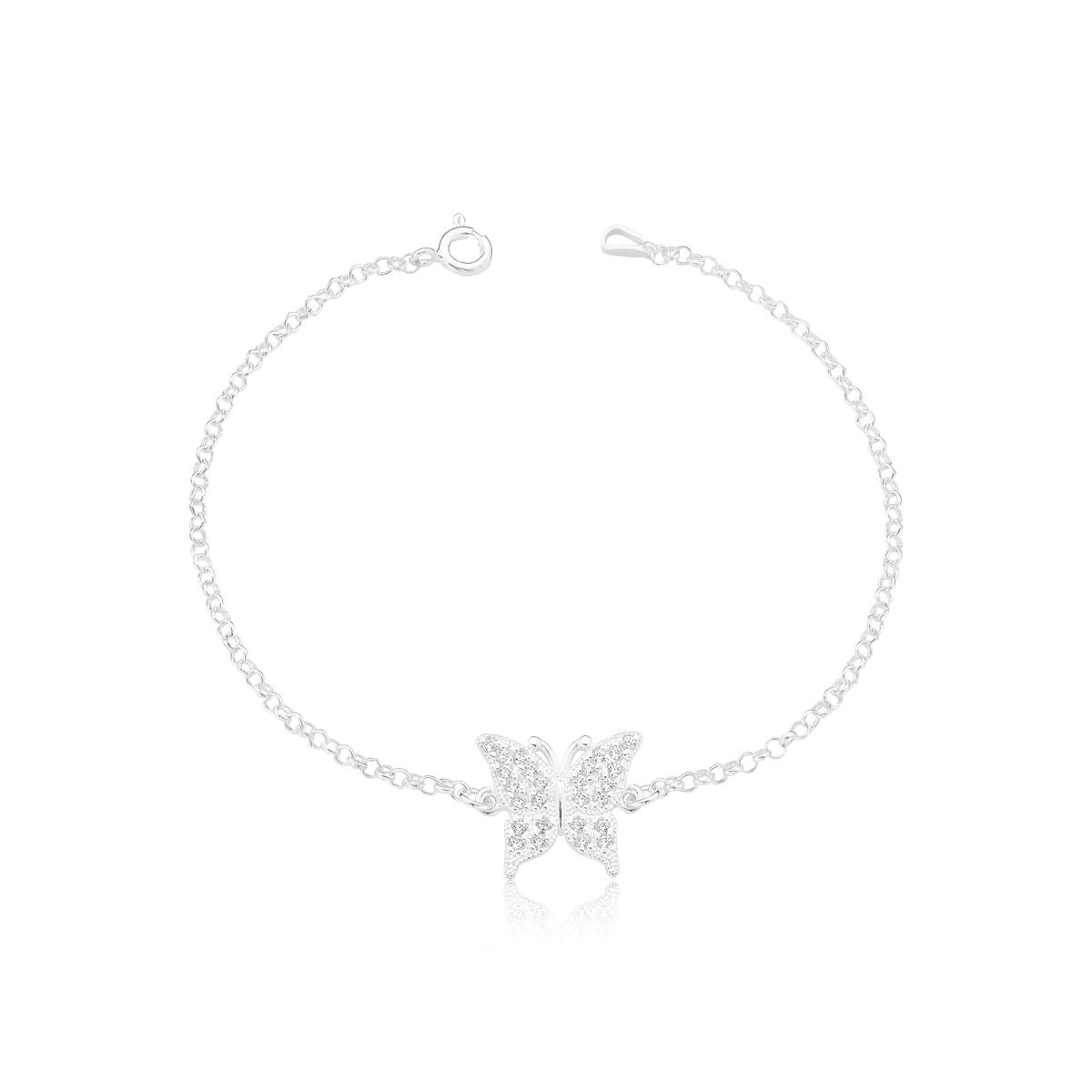 Pulseira Prata Viena Borboleta Asa Aberta Cristal Brilhante