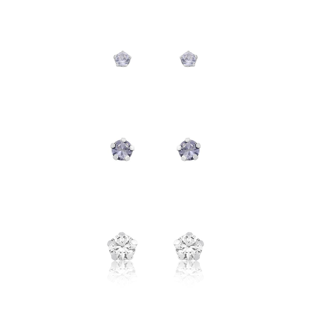 Trio De Brincos Prata Lílas com Cristal único