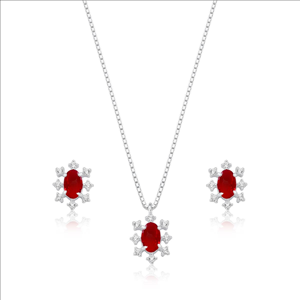 Conjunto Prata Veneza Cristal Oval Brilhante