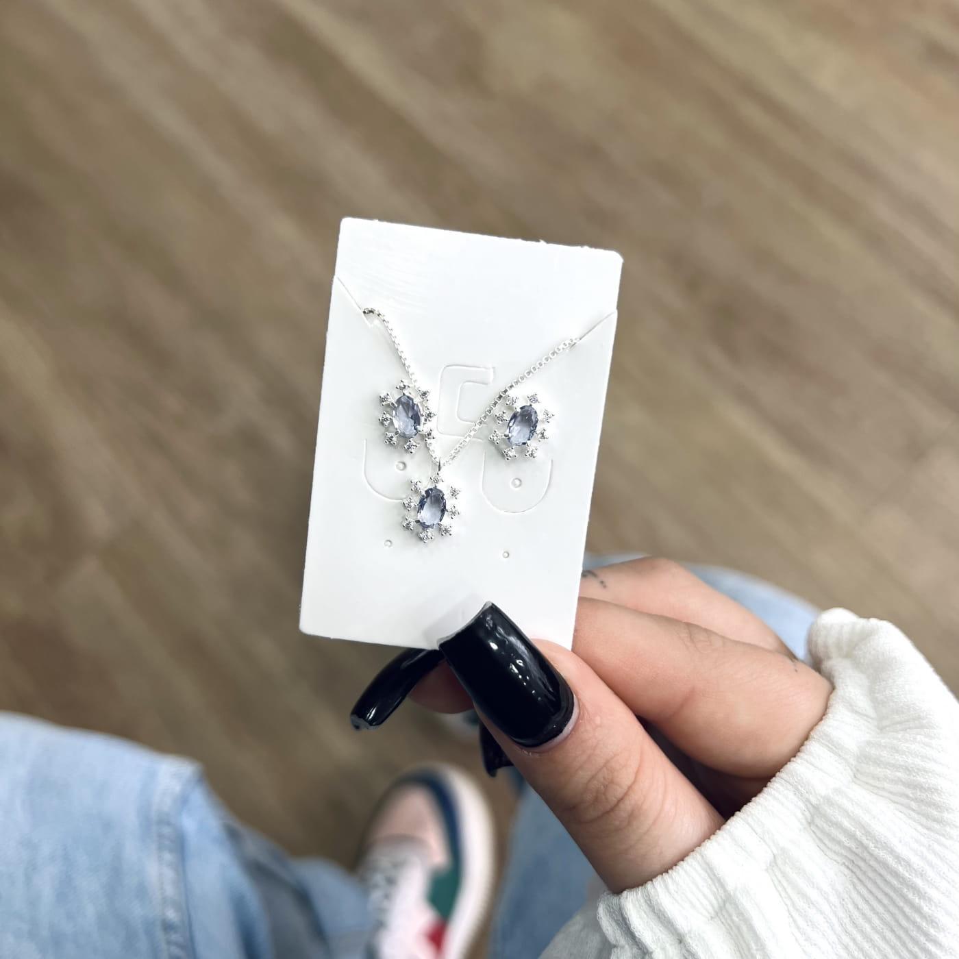 Conjunto Prata Veneza Cristal Oval Brilhante