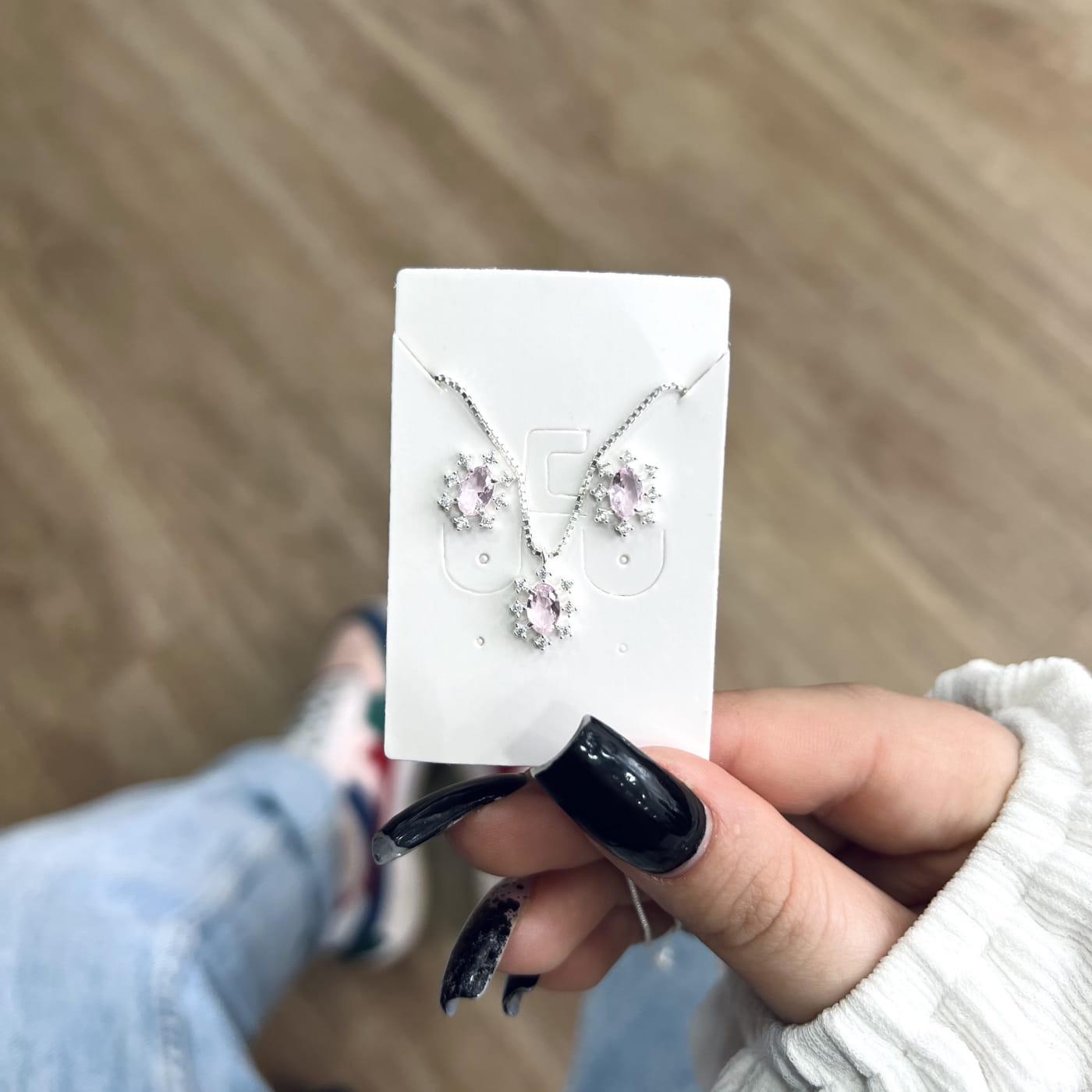 Conjunto Prata Veneza Cristal Oval Brilhante