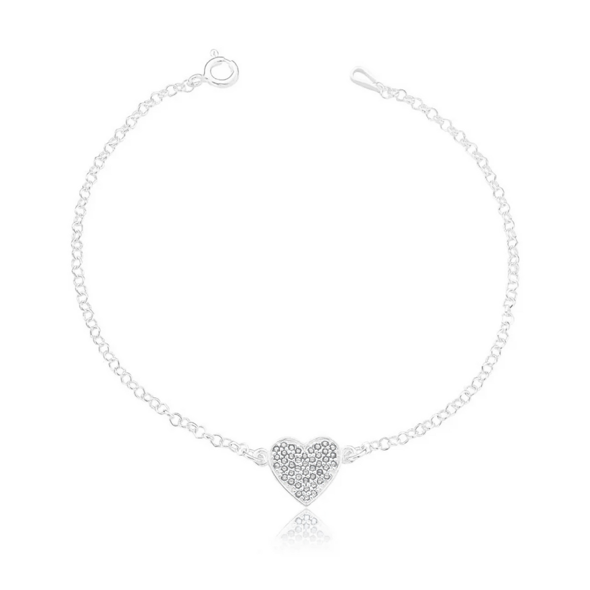 Pulseira Prata Blair Coração Brilhante Cristais Cravejado Elo Portugues