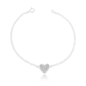 Pulseira Prata Blair Coração Brilhante Cristais Cravejado Elo Portugues
