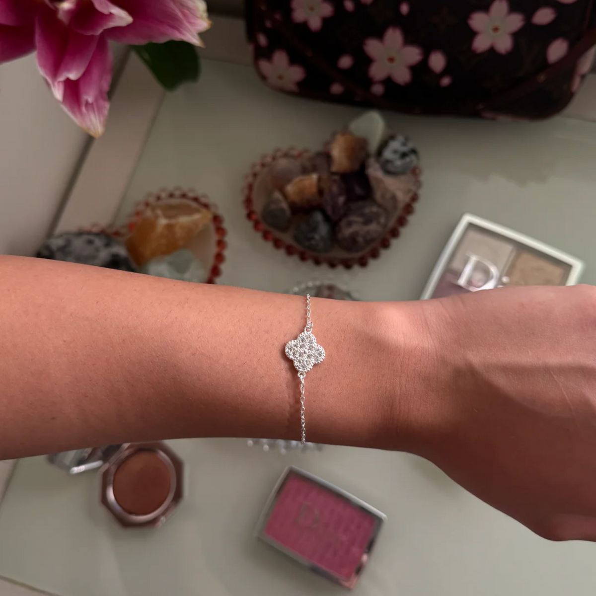 Pulseira Prata Vitoria Trevo da Sorte Cravejado Brilhante